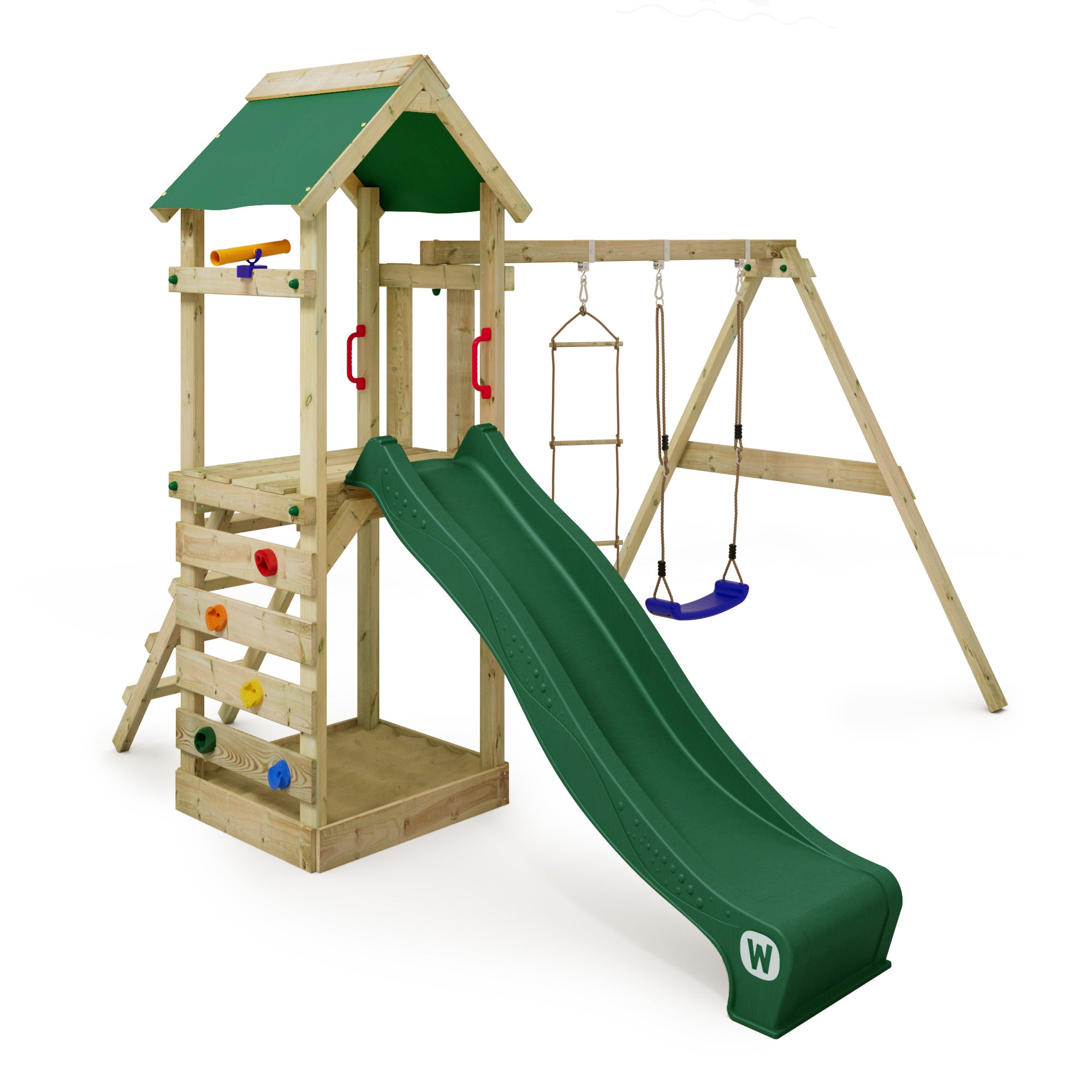 WICKEY DragonFlyer – Aire De Jeux Jardin Avec Toboggan, Balançoire, Bac à Sable Et Mur D’escalade – Tour 362x433 Cm
