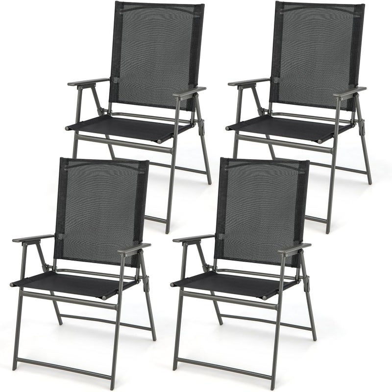 Zestaw 4 Krzeseł Ogrodowych z Tekstylenu, Metalowa Rama, Składane Krzesła z Wysokim Oparciem i Podłokietnikami, Krzesła Kempingowe do Ogrodu, Czarne