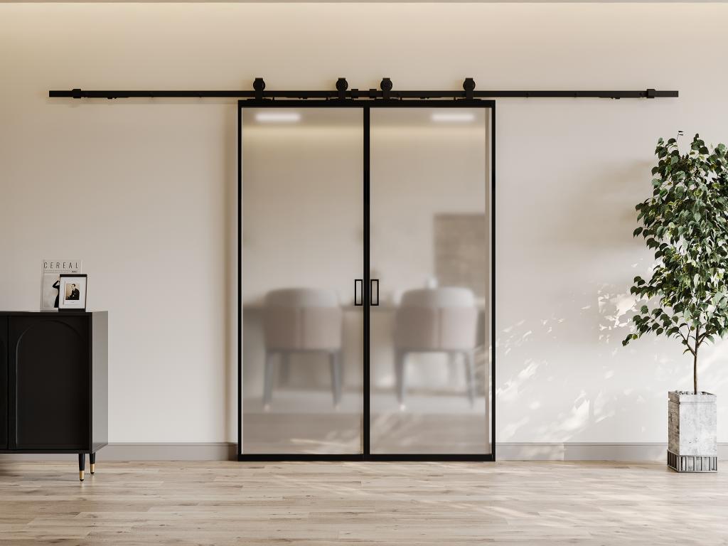 Drzwi przesuwne naścienne podwójne - aluminium i matowe szkło hartowane - 2 x wys. 205 x szer. 93 cm - LINCI II