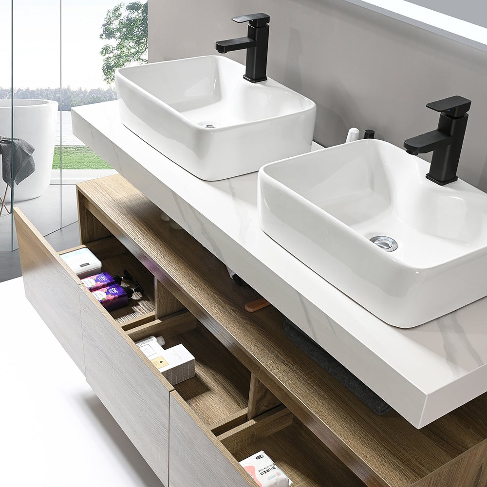 LuxuryBain - Meuble de salle de bain double vasque 140cm bois et effet marbre avec miroir led - 3