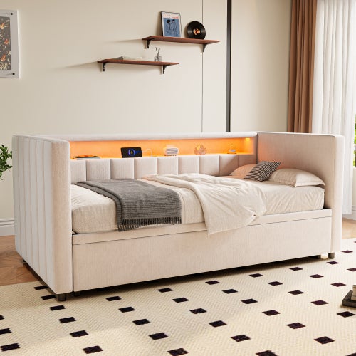 Lit Enfant 90x190 Avec Lit Gigogne Intégré – Velours Beige, LED RGB, Ports USB/Type-C, 2 Tiroirs – Sans Matelas - 2