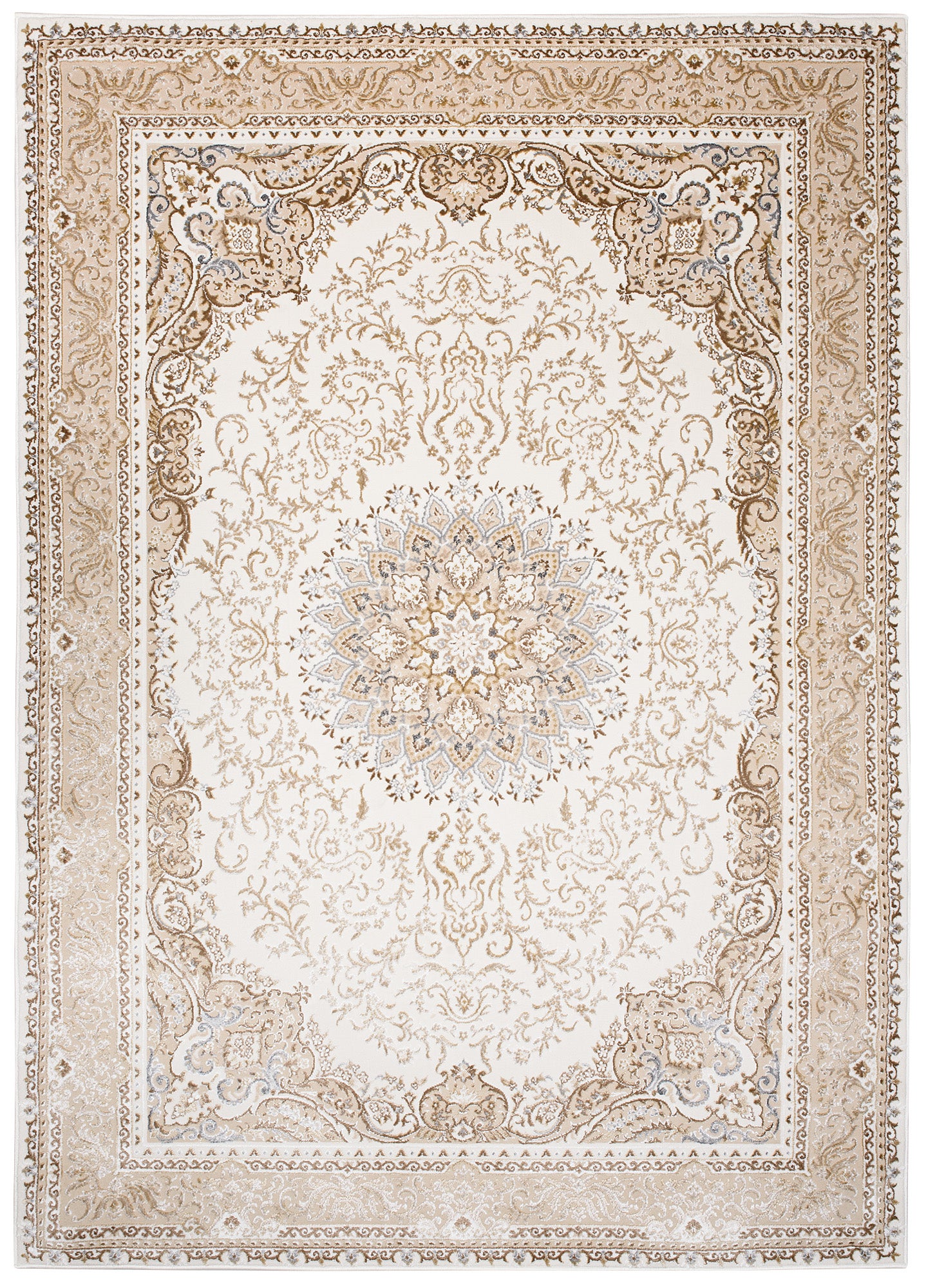 TAPISO Hera Tapis Salon Chambre Brillant Crème Beige Marron Vintage Rosace Floral Ornamental Bordé Moucheté Effet 3D OEKO-TEX 140 x 200 cm - 2