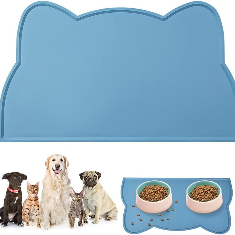 x Niebieska mata do miski dla psa i kota 45 x 26 cm, słodka mata antypoślizgowa w kształcie głowy kota, wodoodporna silikonowa mata do karmienia