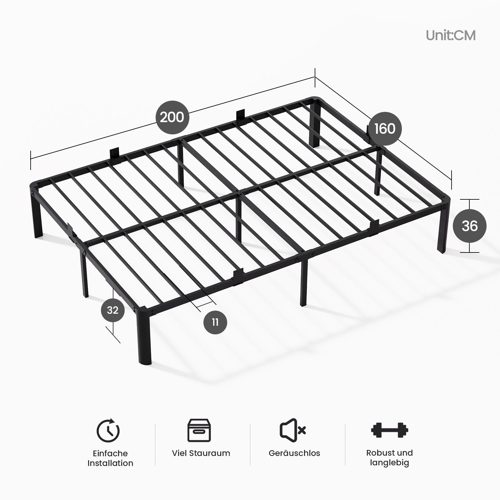 Lit 160x200 cm, Lit double, 500 kg, Rangement 32 cm, métal, Sommier plateforme, Montage facile, Sans bruit, Robuste, tête de lit réglable - 2