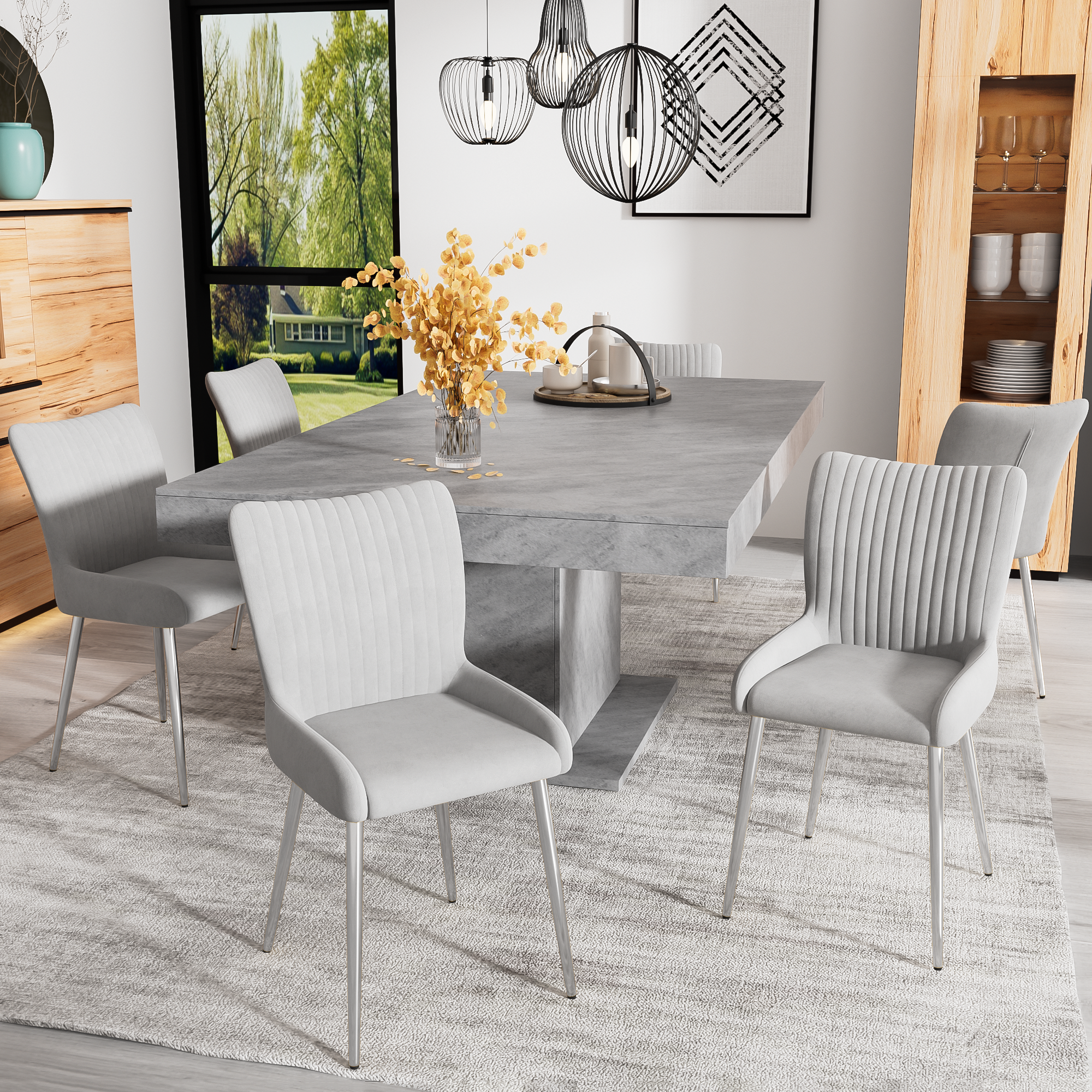 Komplet 6 krzeseł do jadalni bez podłokietników - 47 x 58 x 85 cm - Aksamit - Nogi metalowe srebrne - Szary