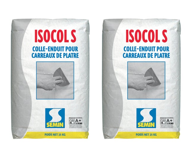 Colle pour Carreaux de Plâtre Isocol Super Semin, Intérieur, Poudre, Sac 25 kg, lot de 2