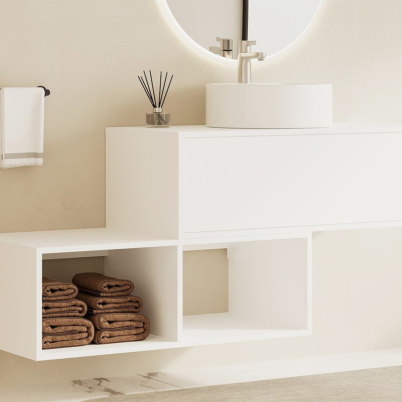 Szafka łazienkowa wisząca biała z okrągłą umywalką - 1 szuflada i 2 wnęki - 94 cm - TEANA II