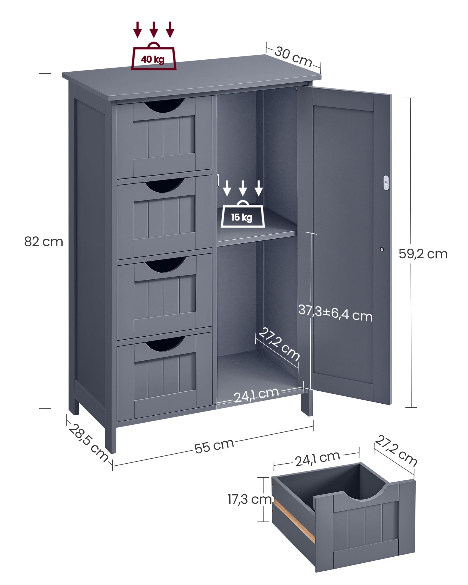 Armoire De Salle De Bain, Avec 4 Tiroirs, Placard avec Porte, 30 x 55 x 82 cm, Gris - 3