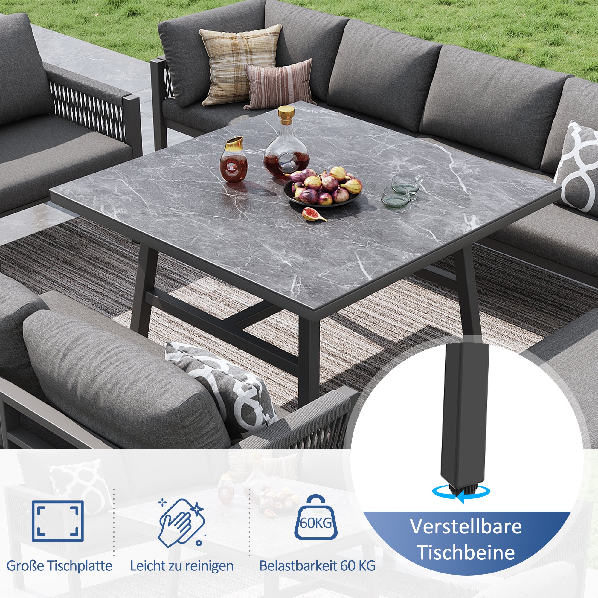 Conjunto Jardín Exterior de Trenzado a mano 9 Plazas Set Jardín en Forma de L con Sofá de Esquina+1 Mesa de Cristal Marmolado+1 Sillón+ 1 Banco - Gris - 9