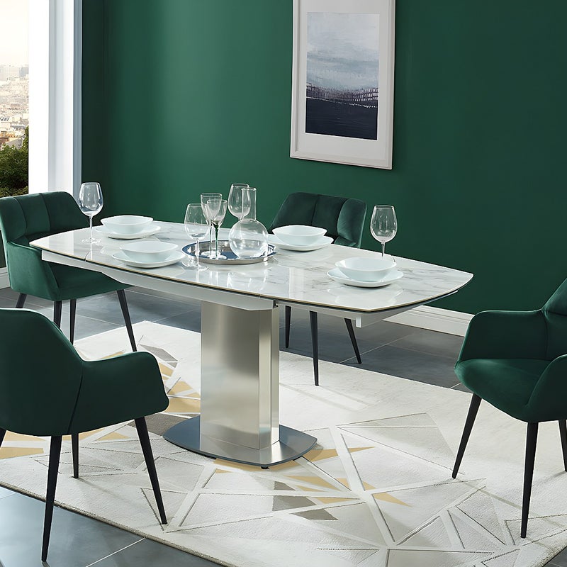 Zestaw 6 krzeseł PEGA – z podłokietnikami – welur i metal – kolor zielony