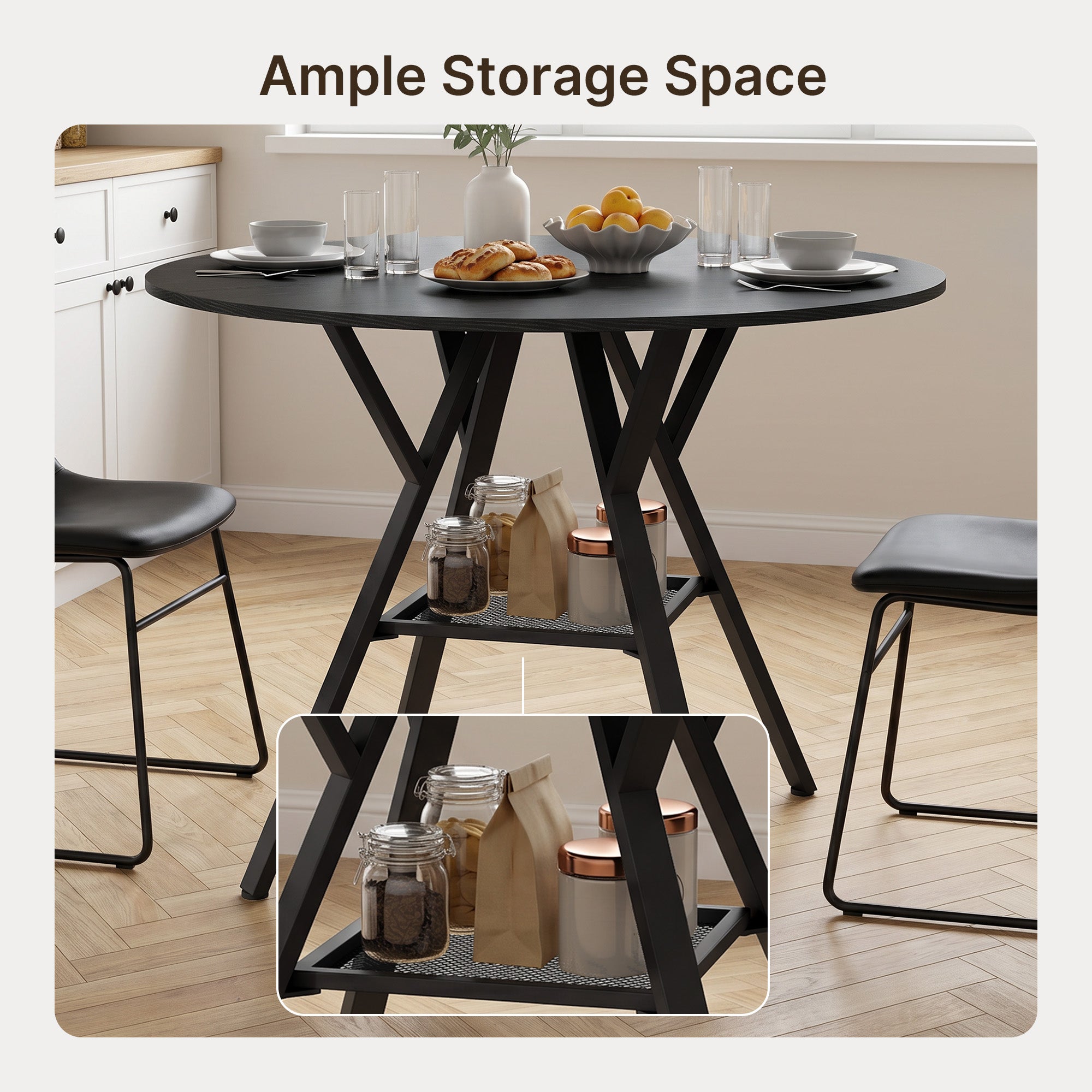 Mesa de comedor redonda moderna de madera negra y metal 100cm - Mesa de cocina industrial negra para 4-6 personas con estante de almacenamiento - 4