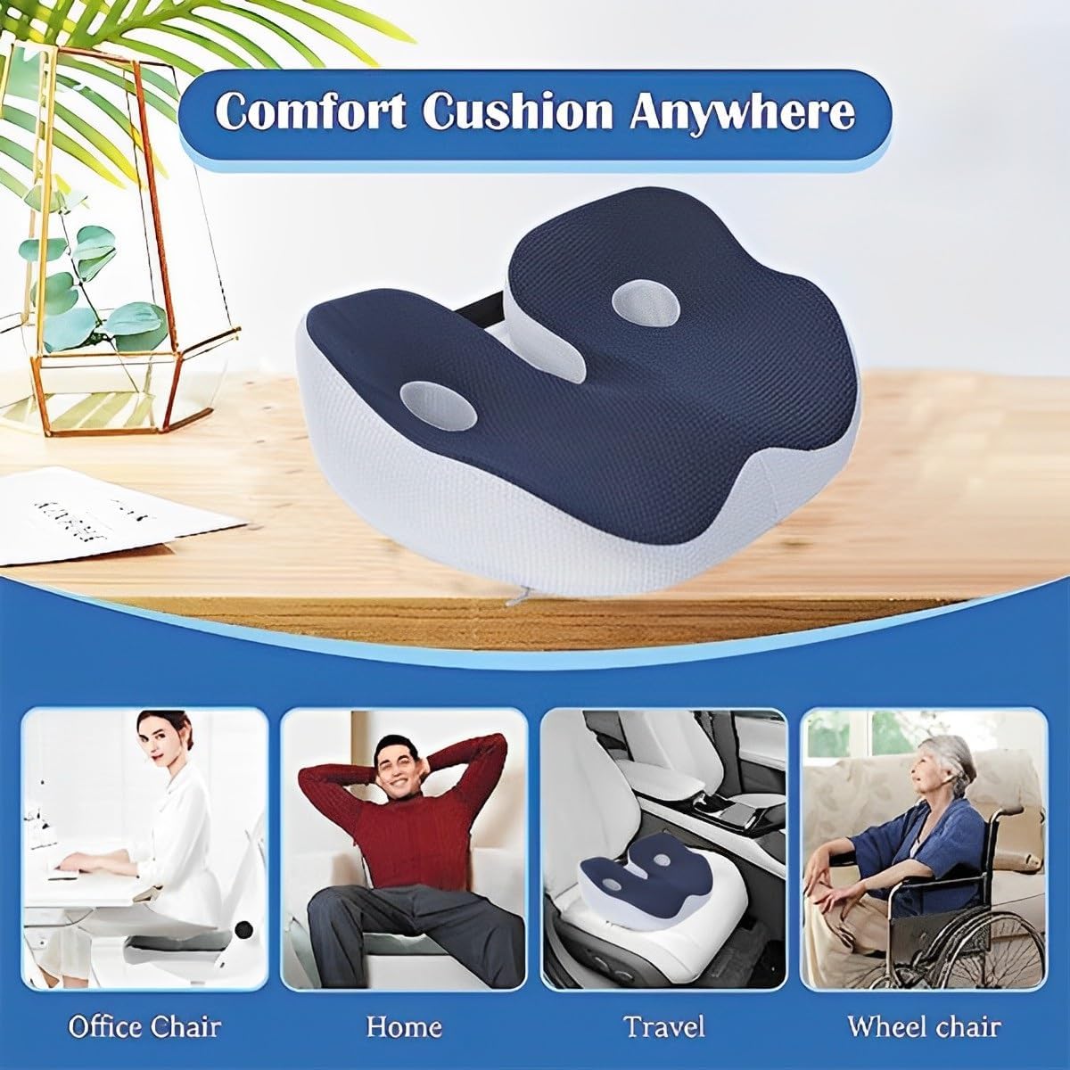 Coussin d'assise bleu, coussin de siège pour soulager les douleurs ischiatiques et dorsales, fessiers, coccyx, hanches, ischio-jambiers, soutien postu - 5