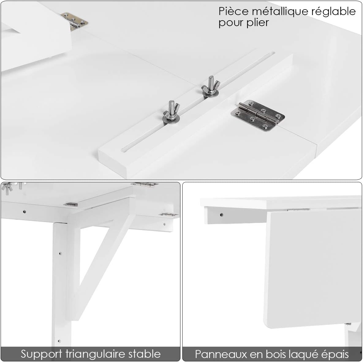 Table Murale Rabattable Pliable en Bois, Support Mural Pliant, Double Pliage, Gain de Place, Charge 20KG, 80 x 60 x 45 CM (Blanc) - 6