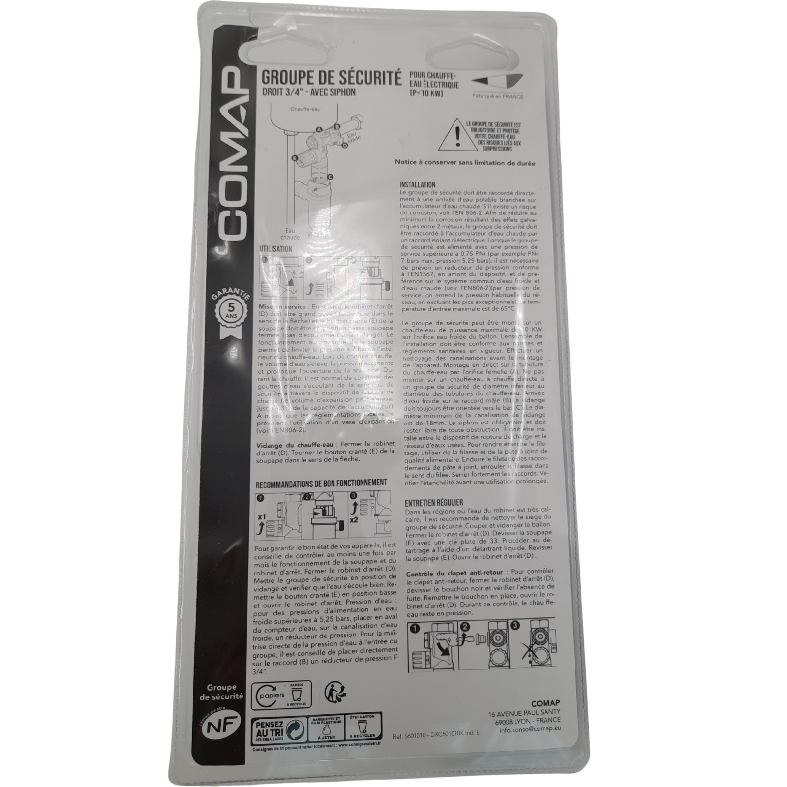 COMAP Groupe de sécurité 889 droit avec siphon d'évacuation pour chauffe-eau, cumulus - 20x27 ou 3/4