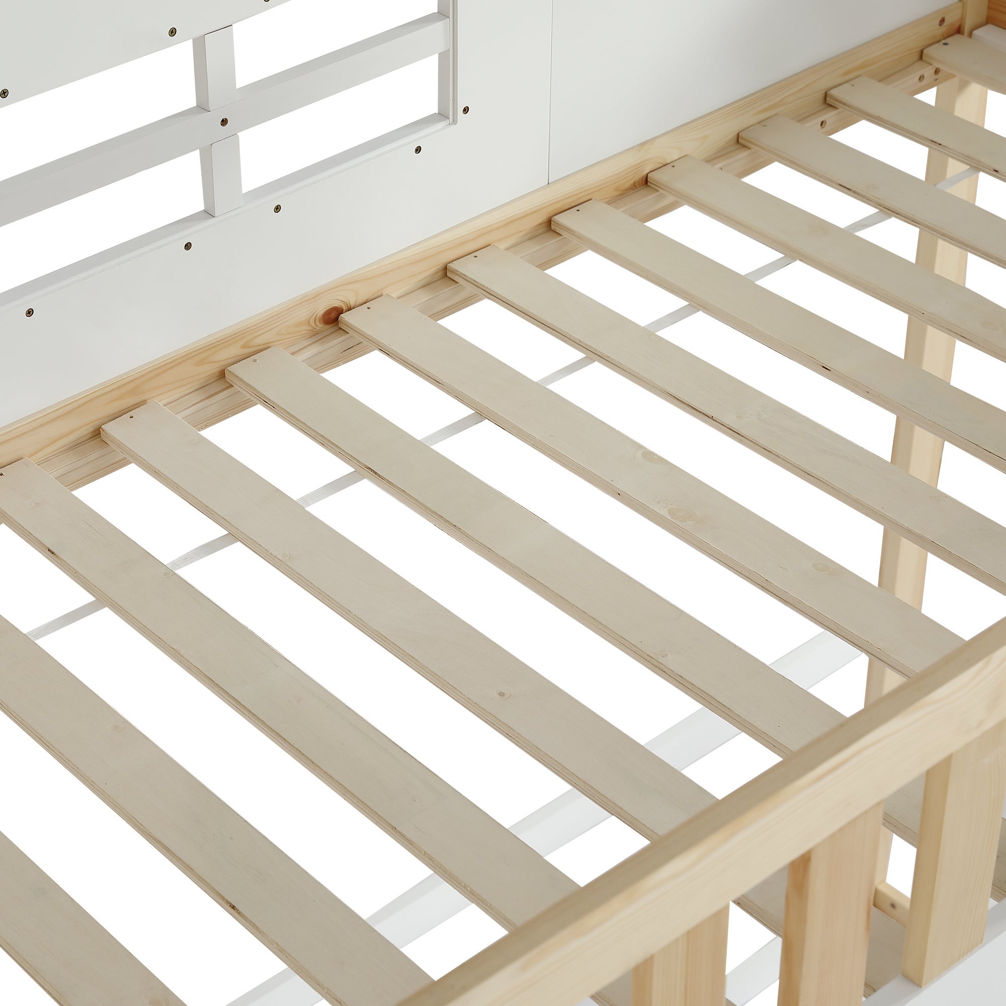 Lit mezzanine 90x200cm avec échelle, lit superposé bois avec 3 fenêtres et barrière de sécurité, cadre de pin, sommier à lattes, blanc (sans matelas) - 6