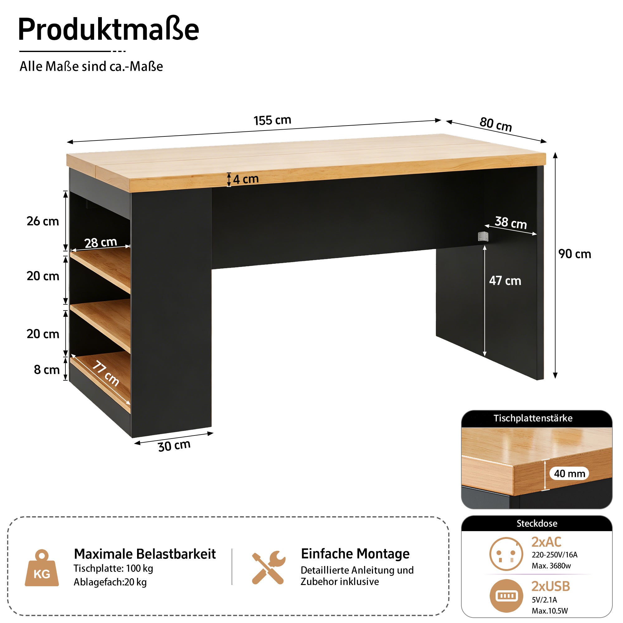 Îlot de cuisine 155x80x90 cm, table de bar avec LED, prises électriques et USB, 3 étagères, plan de travail 40 mm, MDF, noir - 5