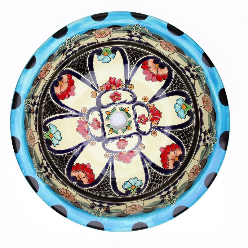 Meksykańska ceramiczna umywalka wpuszczana w blat La Reina – duża okrągła umywalka łazienkowa 43 x 13 cm | Umywalka dekoracyjna