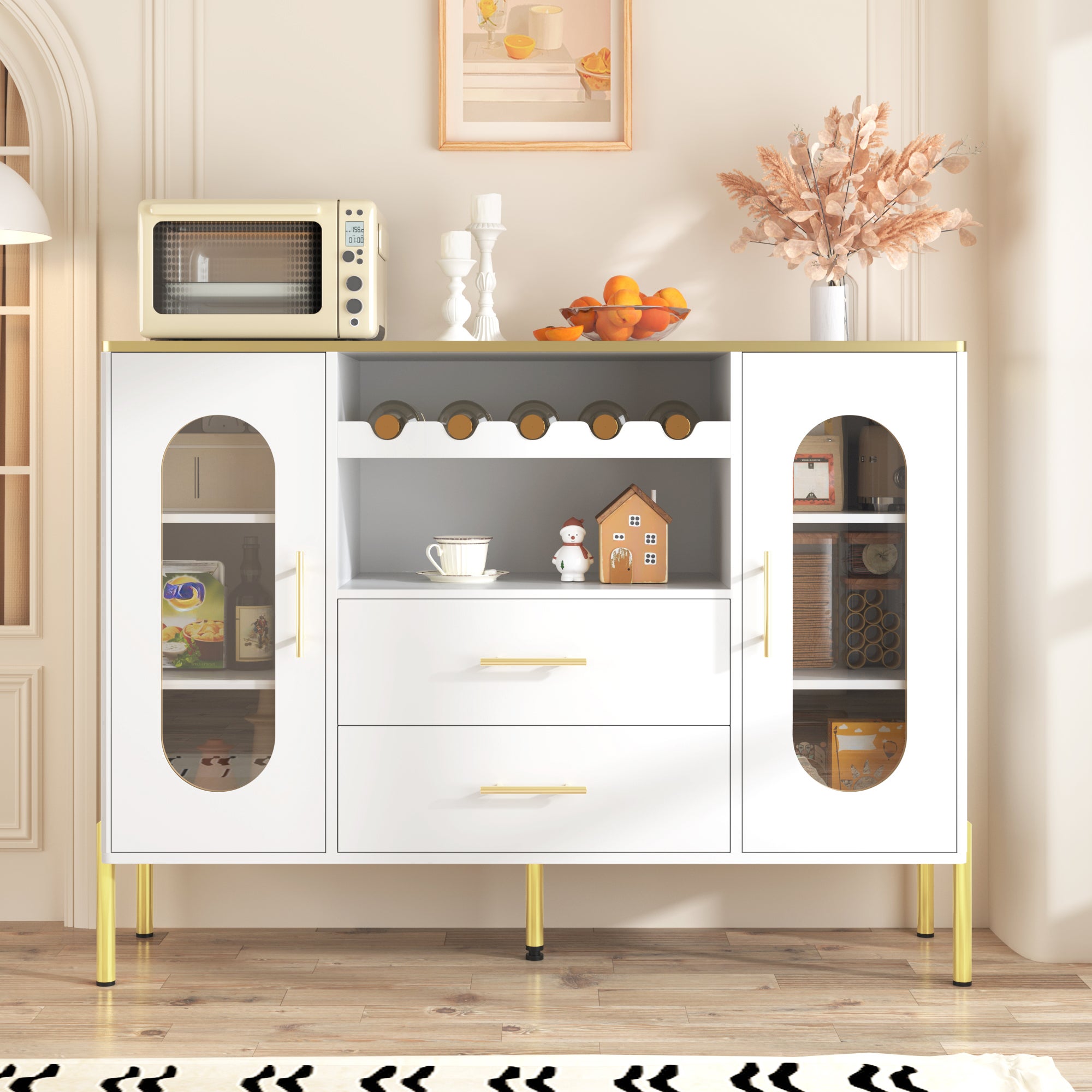 Komoda 120x38x90cm - 2 drzwi i 2 szuflady - z półką na wino - MDF - biała