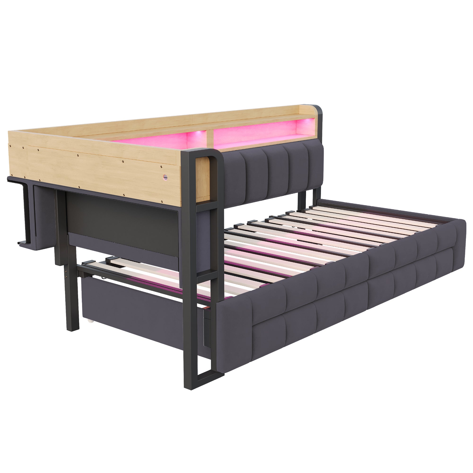 Canapé-lit 90/180×200cm avec éclairage LED et port,Lit capitonné avec lit gigogne et espace de rangement,Velours,Gris foncé (matelas non inclus) - 9