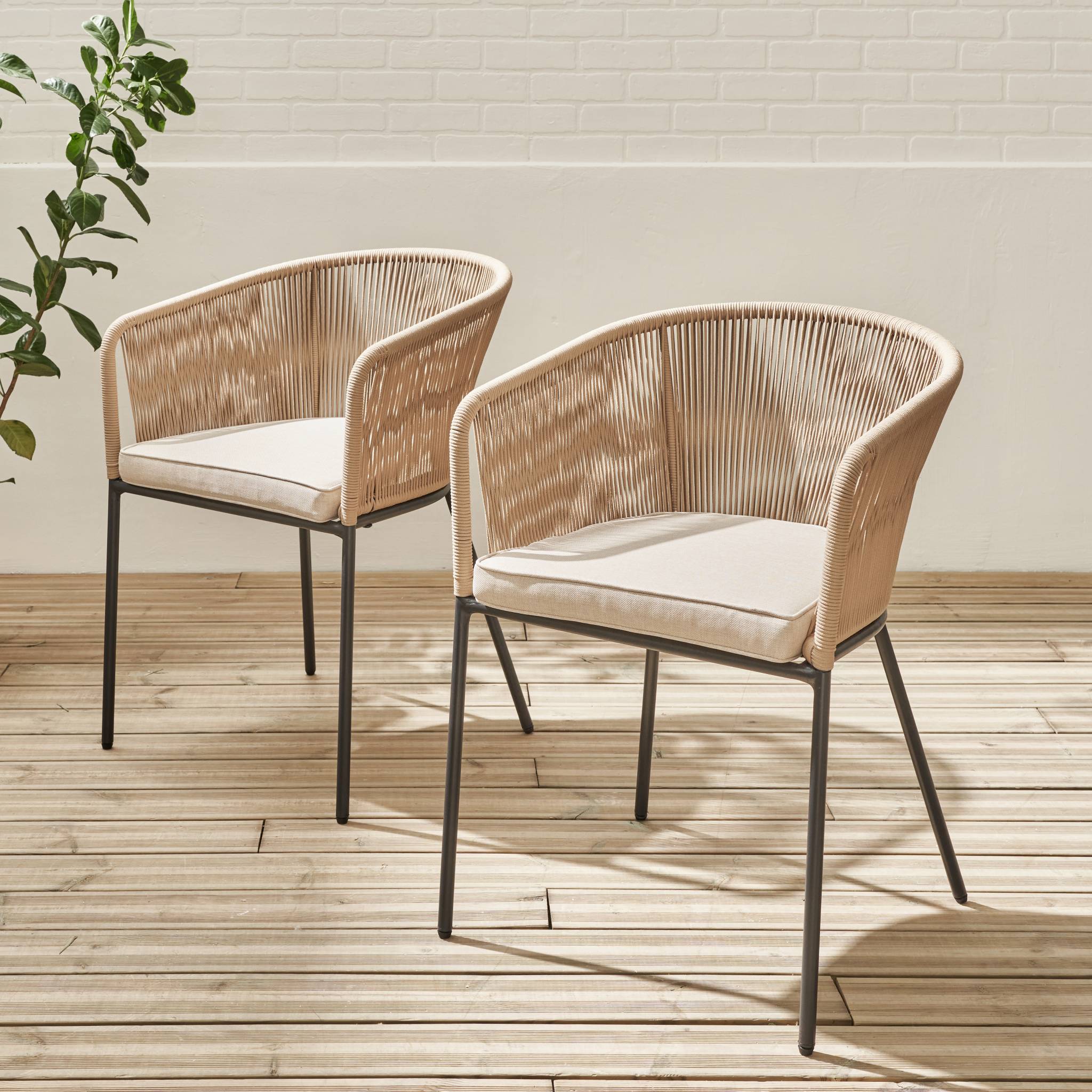 Poltrona da giardino in corda e acciaio zincato, set di 2, Beige - 3