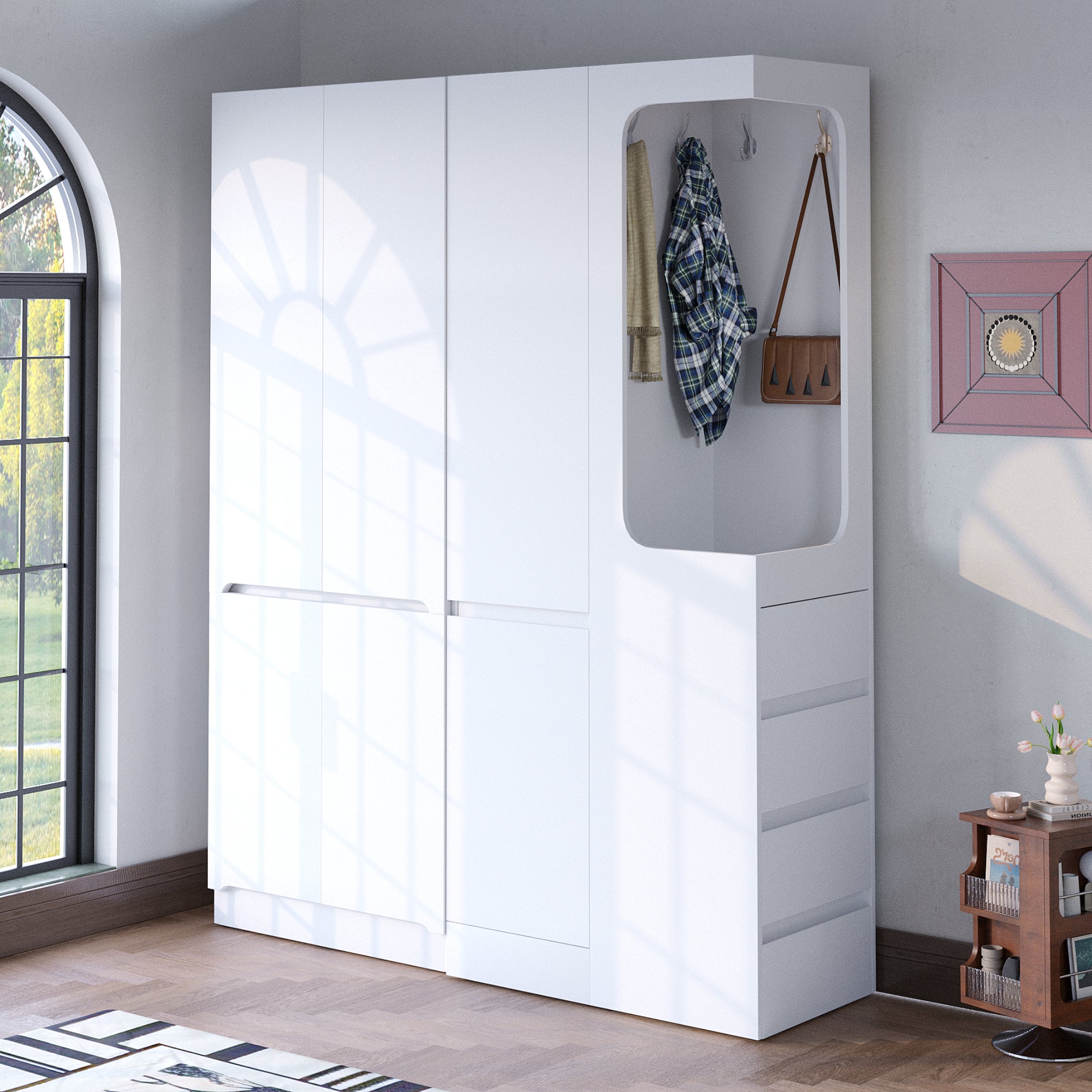 Armadio Multiuso con 6 ante e asta appendiabiti 140 x 40 x 170 cm,armadio guardaroba con 4 cassetti e ganci,aperto,salvaspazio,bianco (Lato destro) - 2