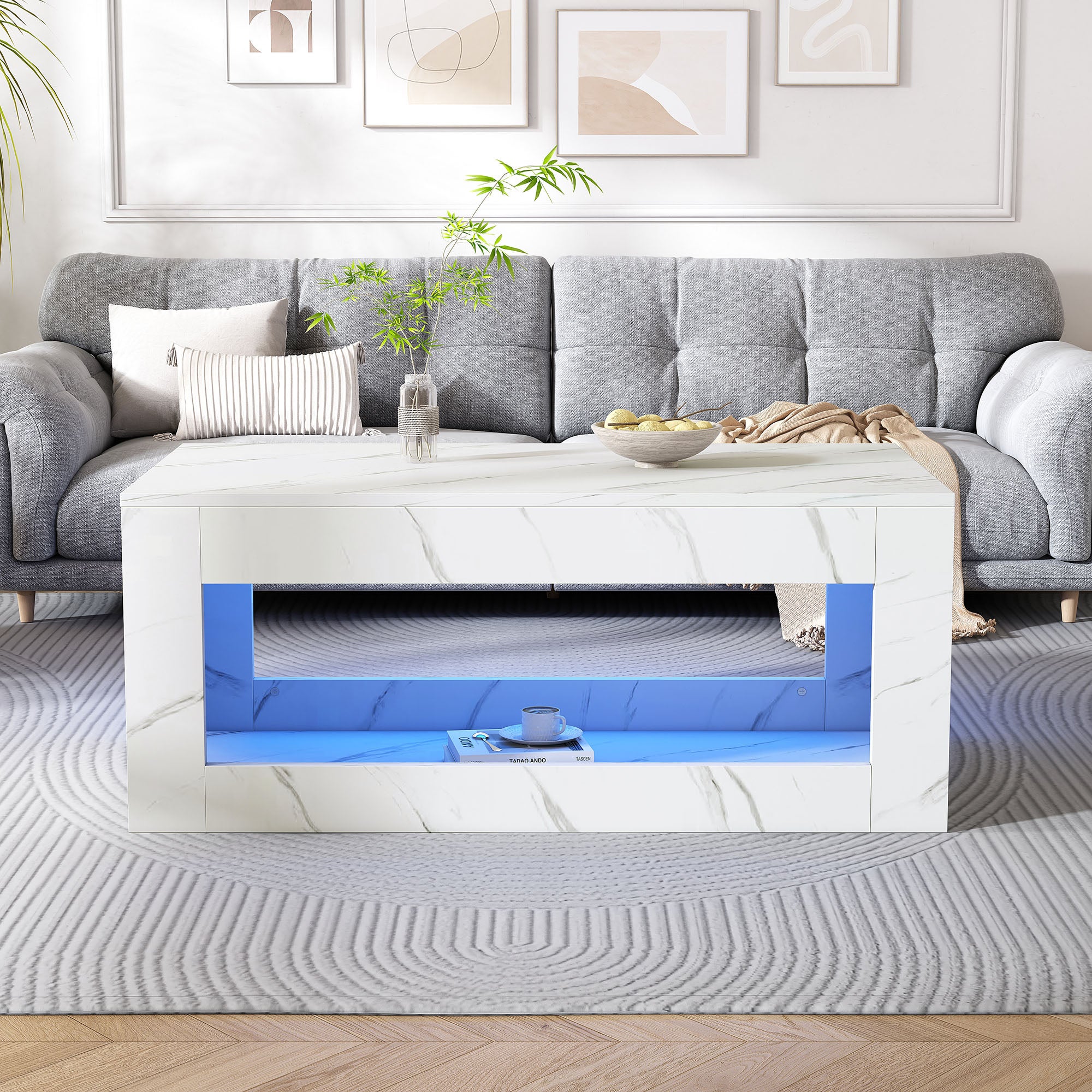 Stolik kawowy z otwartą przegrodą - 100 x 50 x 50 cm - Płyta wiórowa - Diody LED - Wzór marmurowy - Biały - 9