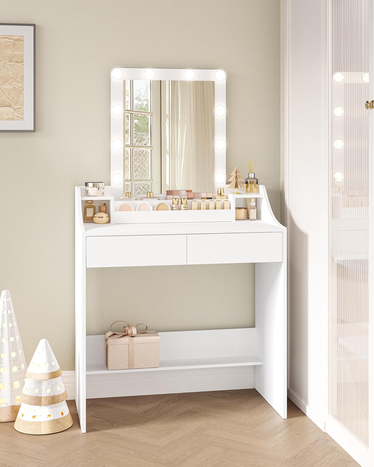 Coiffeuse avec Eclairage LED, 80cm, Luminosité Réglable, Coiffeuse avec Miroir, avec 2 Tiroirs et 2 Compartiments Ouverts, Moderne, Blanc - 6
