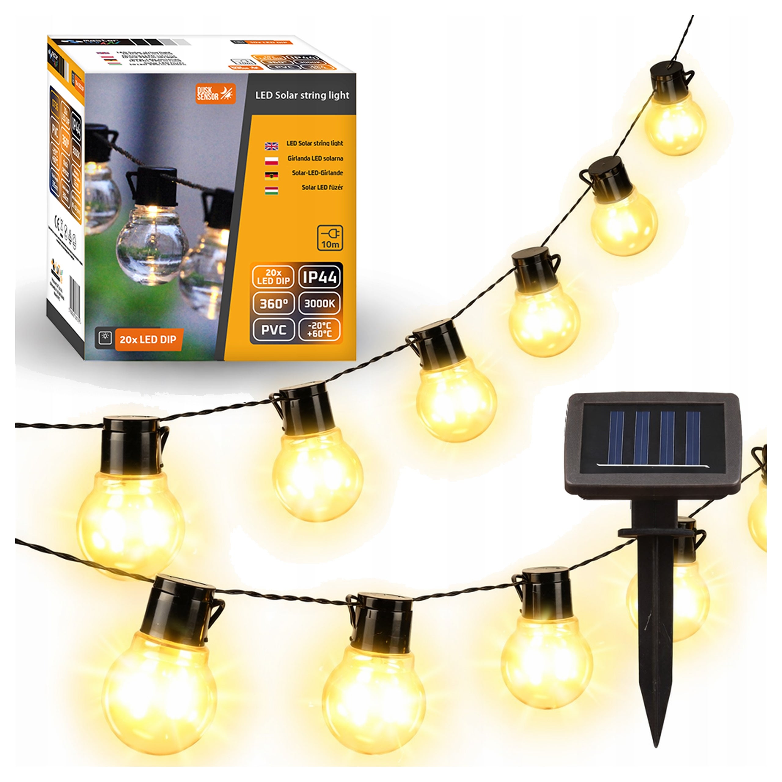Girlanda LED solarna kulki 20x LED 4,85m 3000K ciepła biel z czujnikiem zmierzchu IP44 MasterLED