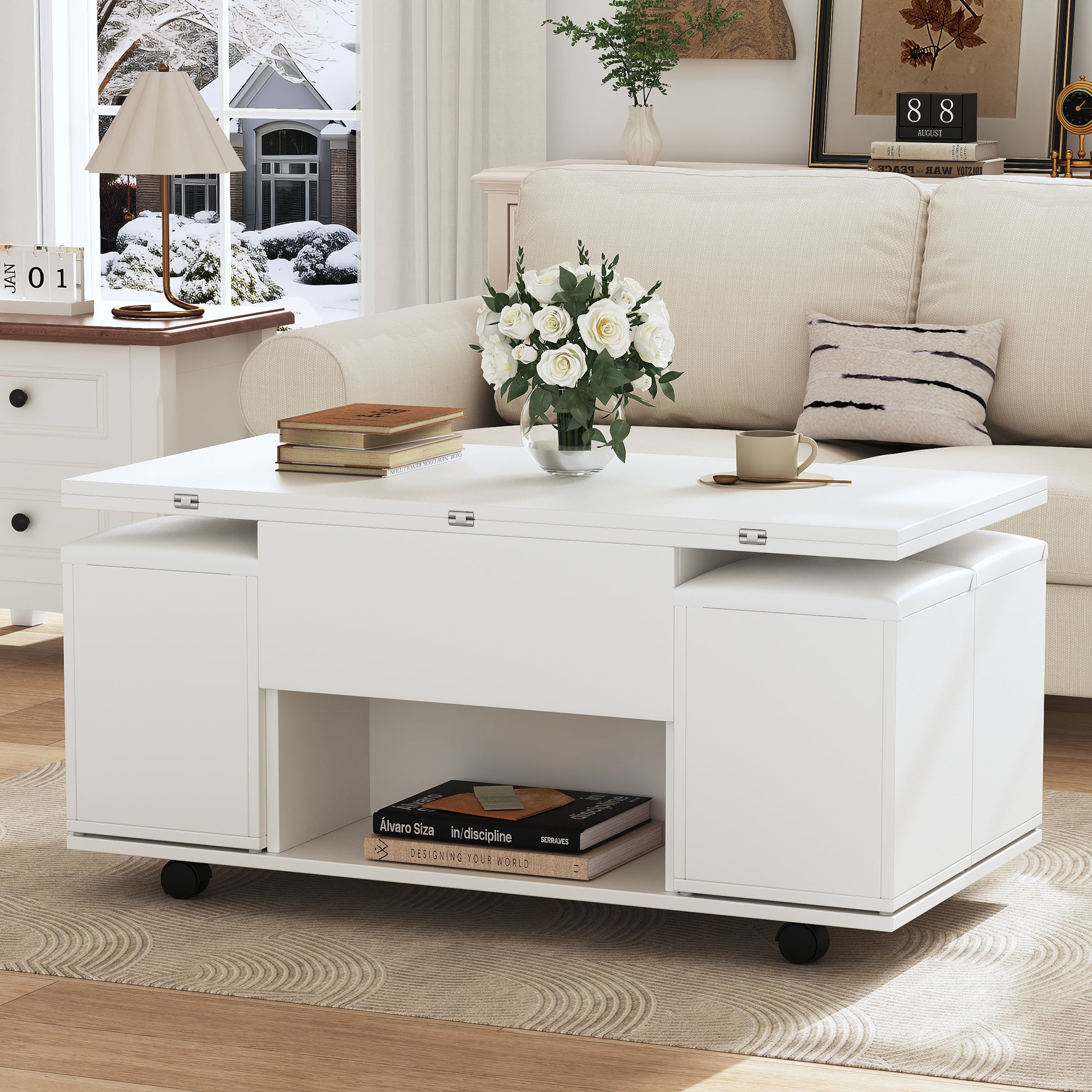 Table basse relevable avec 4 tabourets - 100 x 50 x 48 cm - Panneaux de particules - Blanc - 4