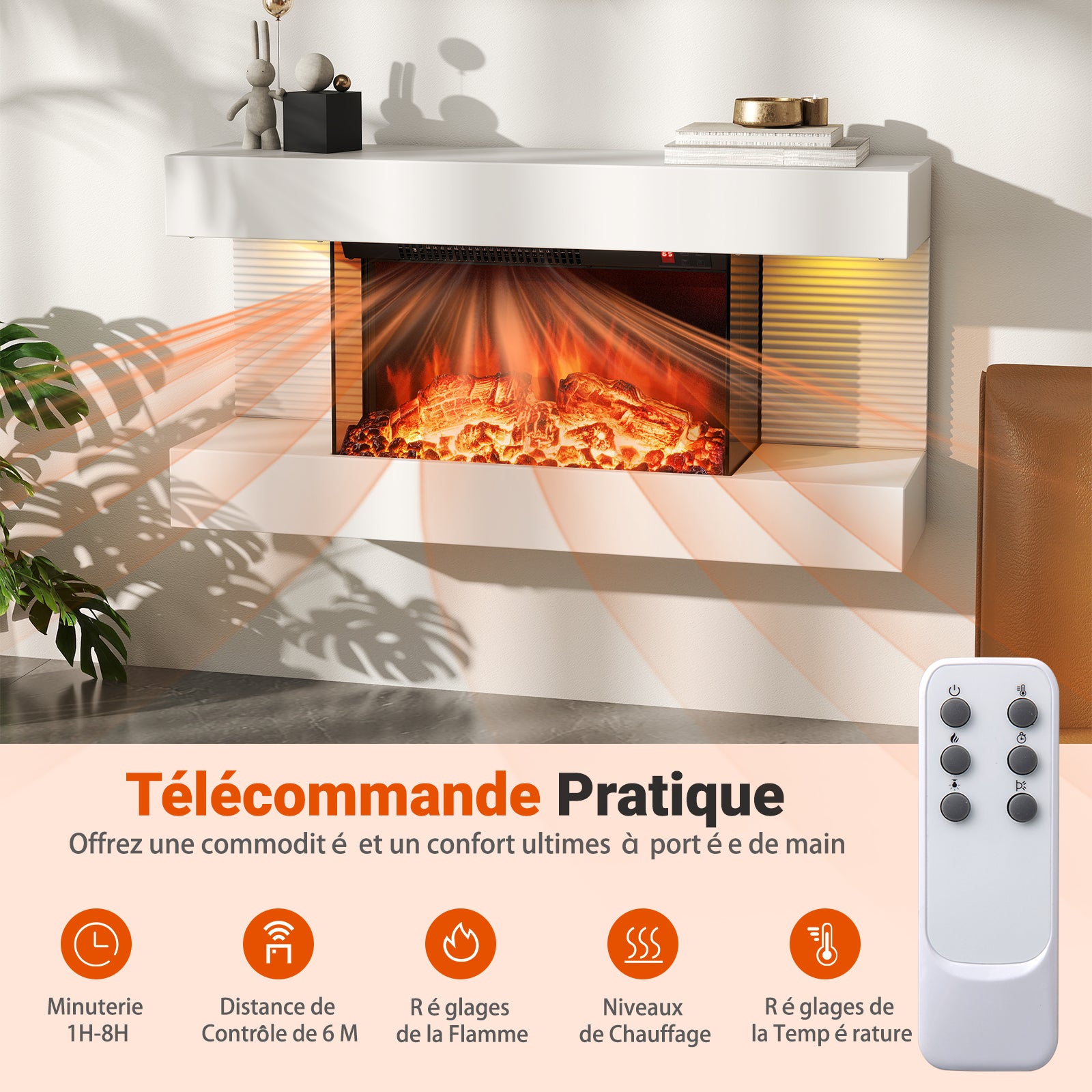 Elektryczny kominek ścienny z 3 stronami i ruchomą obudową, ogrzewanie 750 W/1500 W z oświetleniem LED, 12 kolorów płomienia, 8-godzinny timer - 7