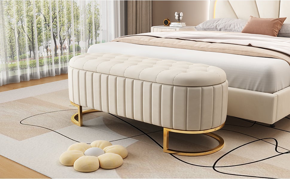 Banc de rangement, banquette - 120 x 39.9 x 41.9 cm - Velours et pièds en métal - Beige - 3