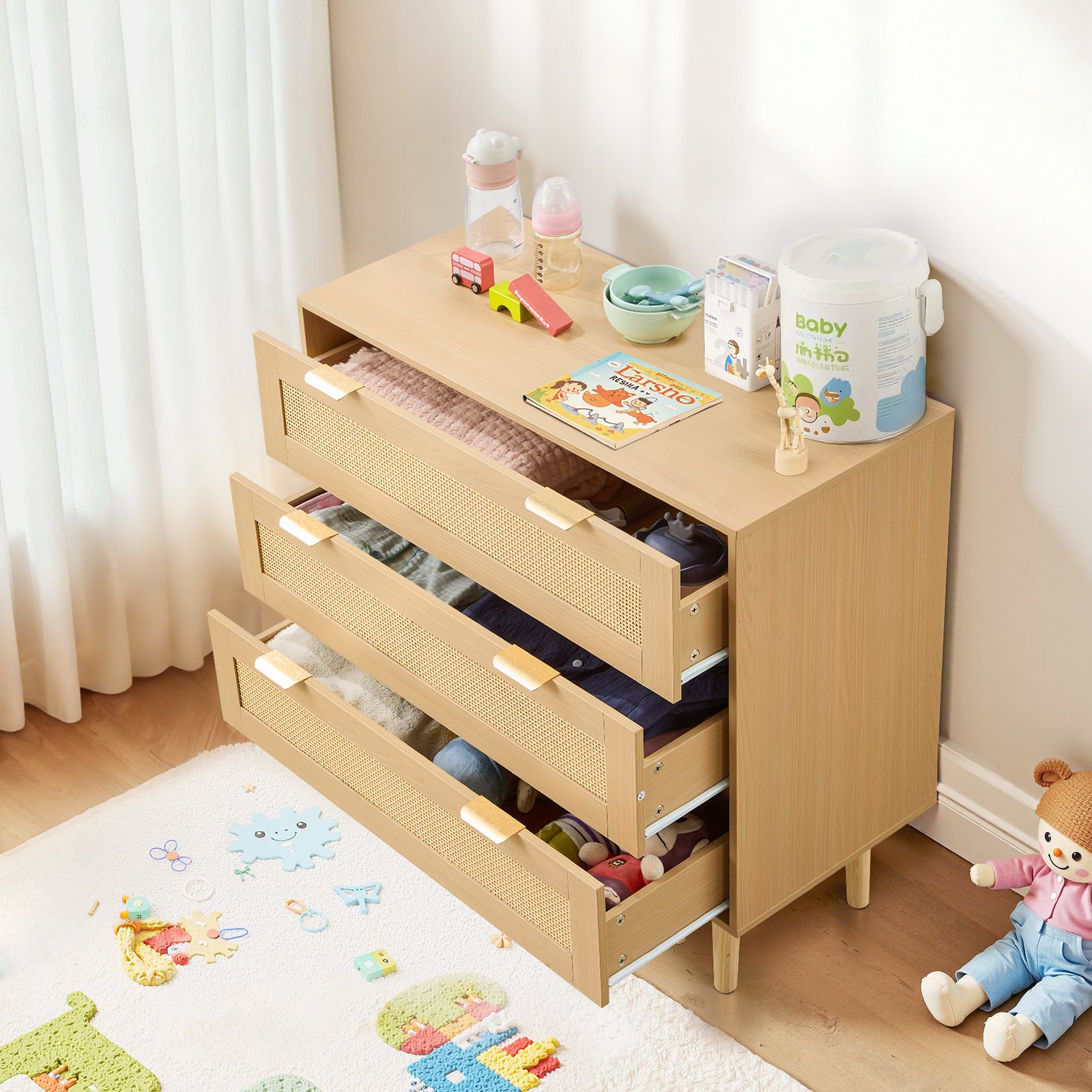 Commode VEVOR 3 tiroirs, meuble rangement avec poignées en métal et pieds, organisateur vêtements et rangement bohème, armoire pour chambre à coucher - 8