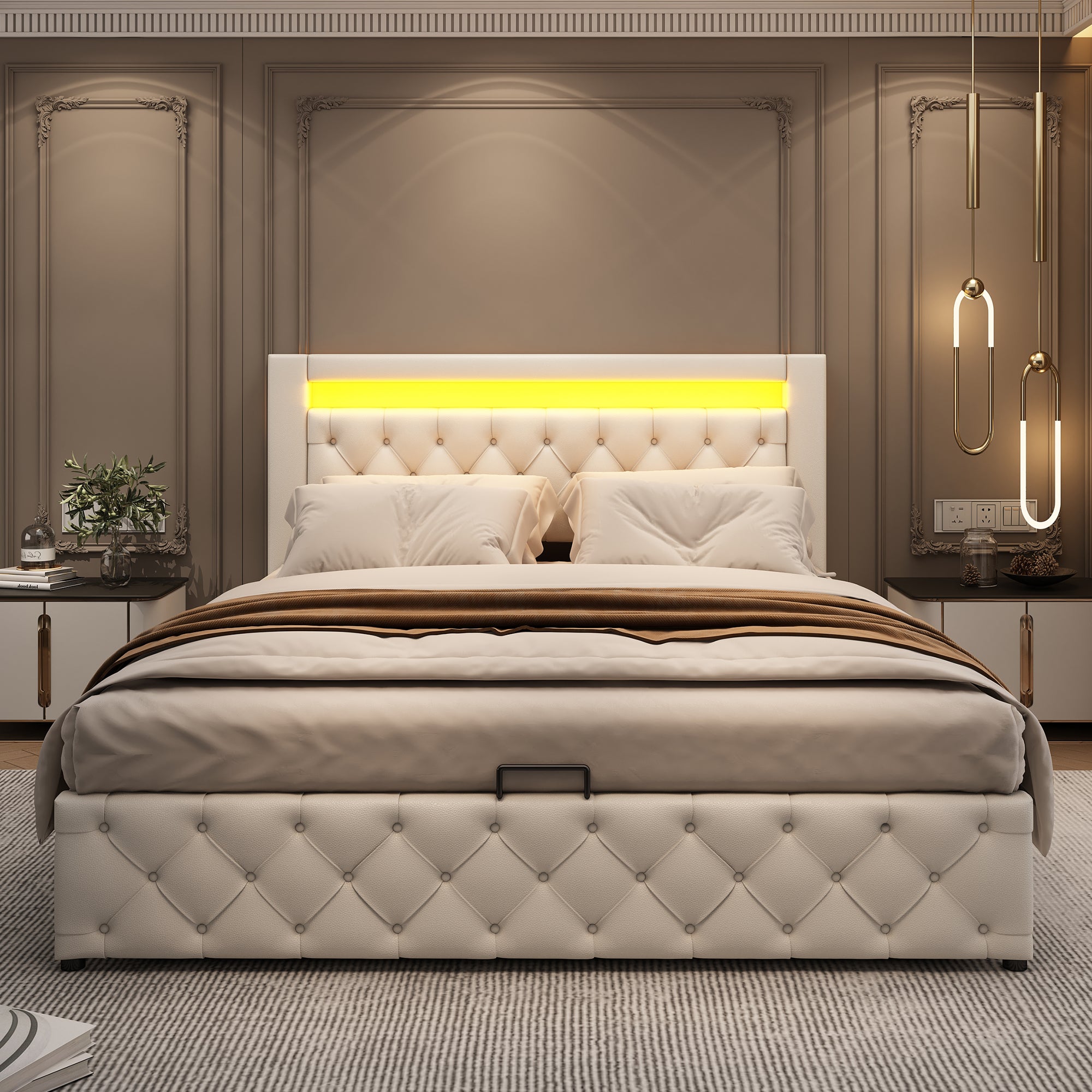 Łóżko tapicerowane ze skóry ekologicznej z pojemnikiem i oświetleniem LED - 140x200 cm - z podstawą z listew - białe - 2