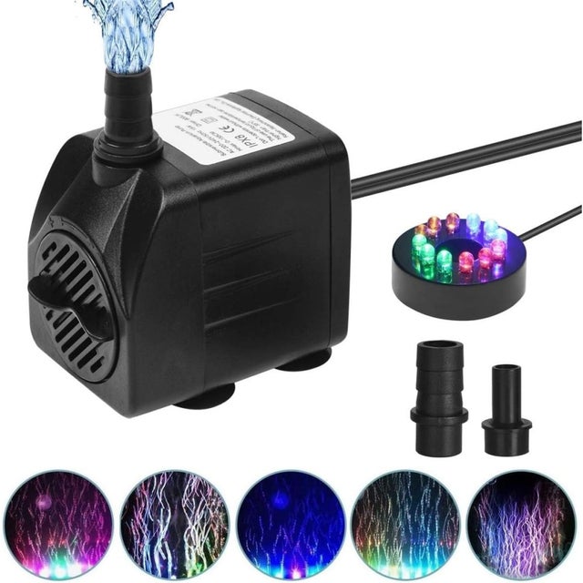 Mini Bomba de Água Submersível para Aquário com 12 Luzes LED com 4 Cores 2 Bocais, 450 L/H, 220V