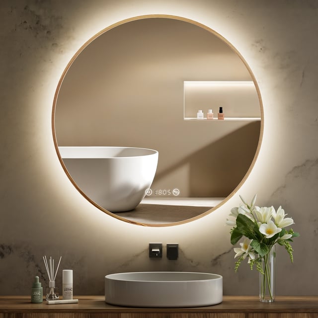 S'AFIELINA Espejo de baño LED redondo 70 cm, Interruptor táctil, Antivaho, Luz blanca neutra Reloj digital
