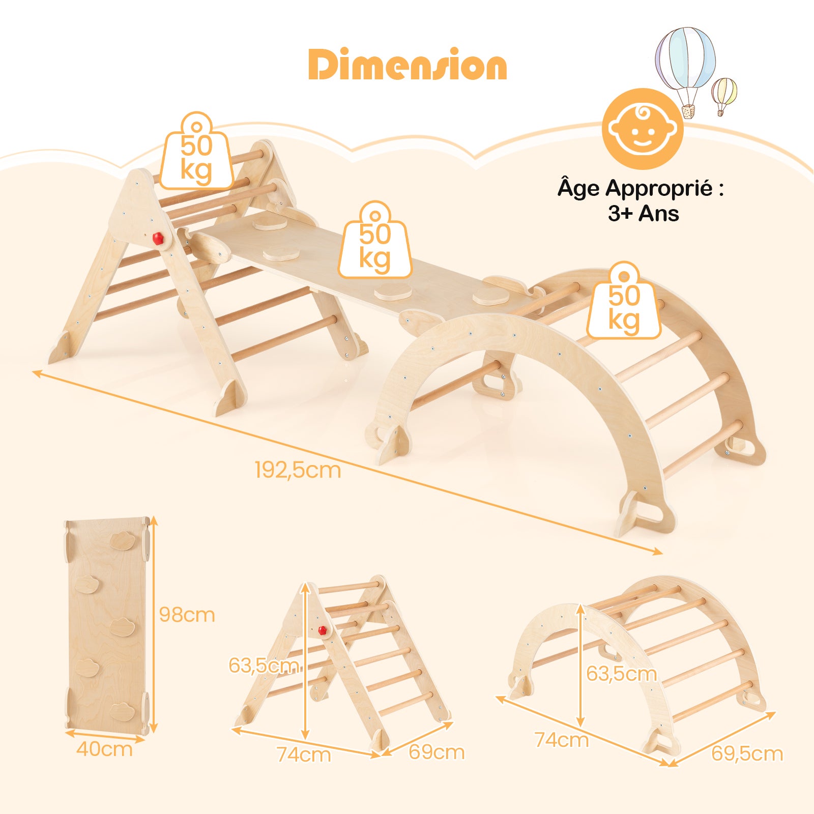 7 en 1 Triangle Arche Montessori, Arche d'escalade Enfants avec Toboggan Bois,Rampe, Échelle Réglable, Parcours Motricité Bois Montessori - 2
