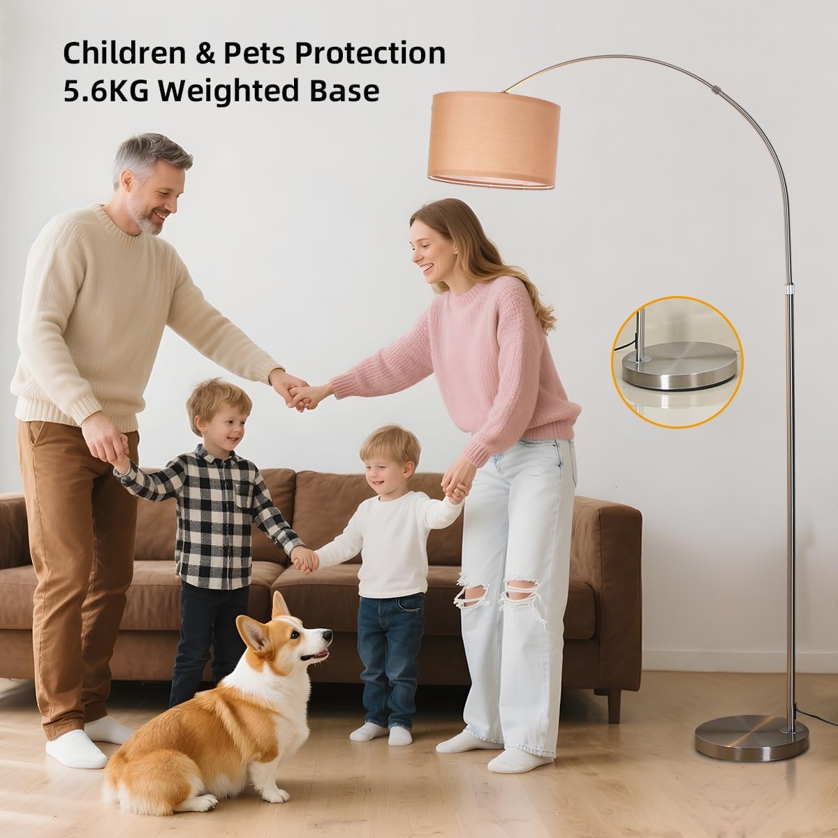 Lampadaire arc avec télécommande, LED E27 dimmable, abat-jour tissu brun 33 cm, style vintage argenté pour salon, chambre, hôtel - 4