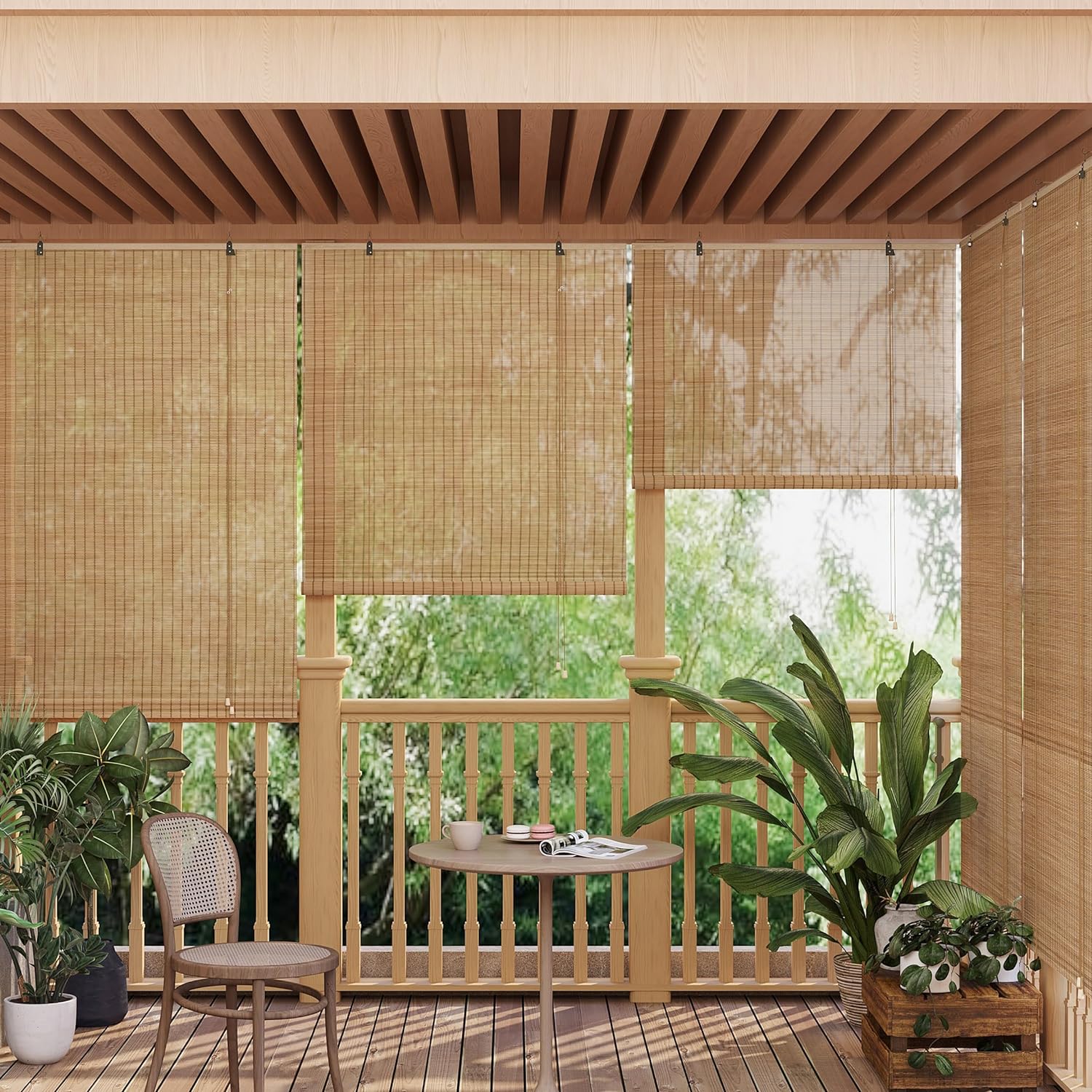 WOLTU Store Enrouleur Bambou, 100x220 cm, Store Bambou, Protection Solaire, Store Vénitien en Bambou, Tirage Latéral, Store Tamisant, Marron - 3