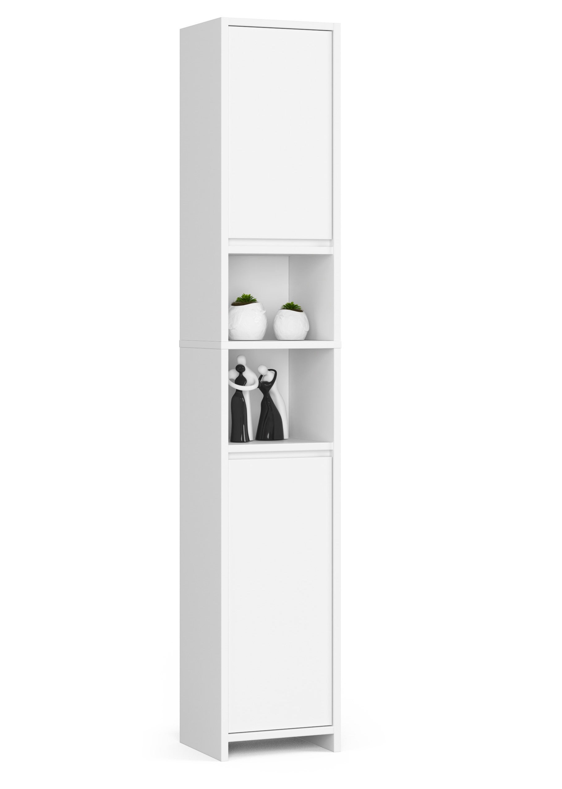 Wolnostojąca szafka łazienkowa: 2 drzwi, 4 półki, kolor biały, szer.: 32 cm, wys.: 180 cm, gł.: 28 cm.