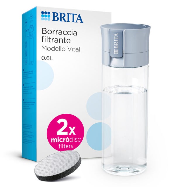 Frasco com filtro BRITA Vital azul (600 ml) incl. 2x filtros MicroDisc - reduz o cloro, as impurezas orgânicas, PFAS, hormonas e pesticidas