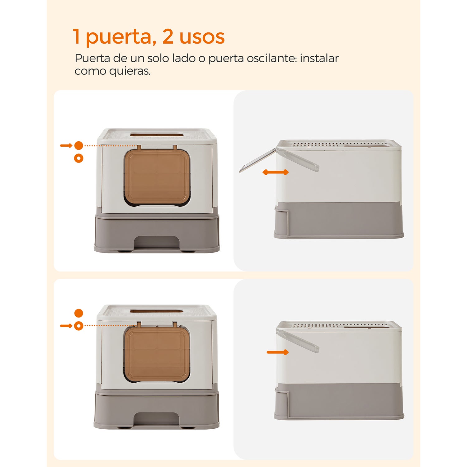 Arenero para gatos grandes con bandeja extraíble, incluye pala y cepillo, carga hasta 15 kg, sistema antifiltración y antiescapes, avena y gris cálido - 7