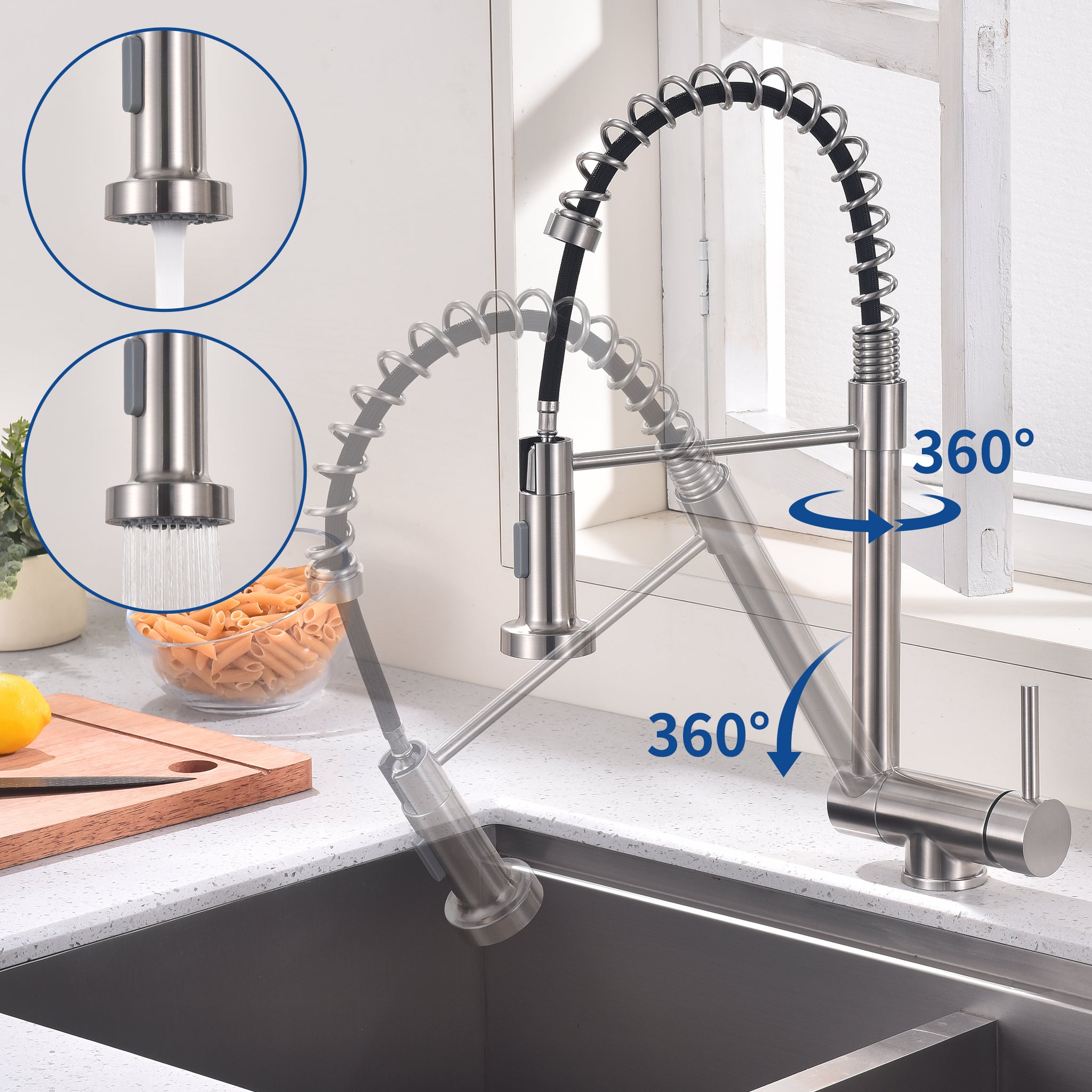 Bateria kuchenna z wyciąganą wylewką, z 2 trybami natrysku, obrotowa o 360°, składana, dostępna z zimną i ciepłą wodą