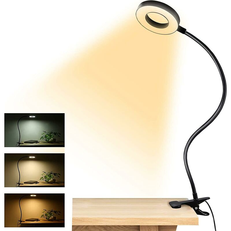 Lampka do czytania z klipsem, lampka biurkowa LED z USB, 3 tryby kolorów światła, lampa z klipsem do książki chroniąca oczy