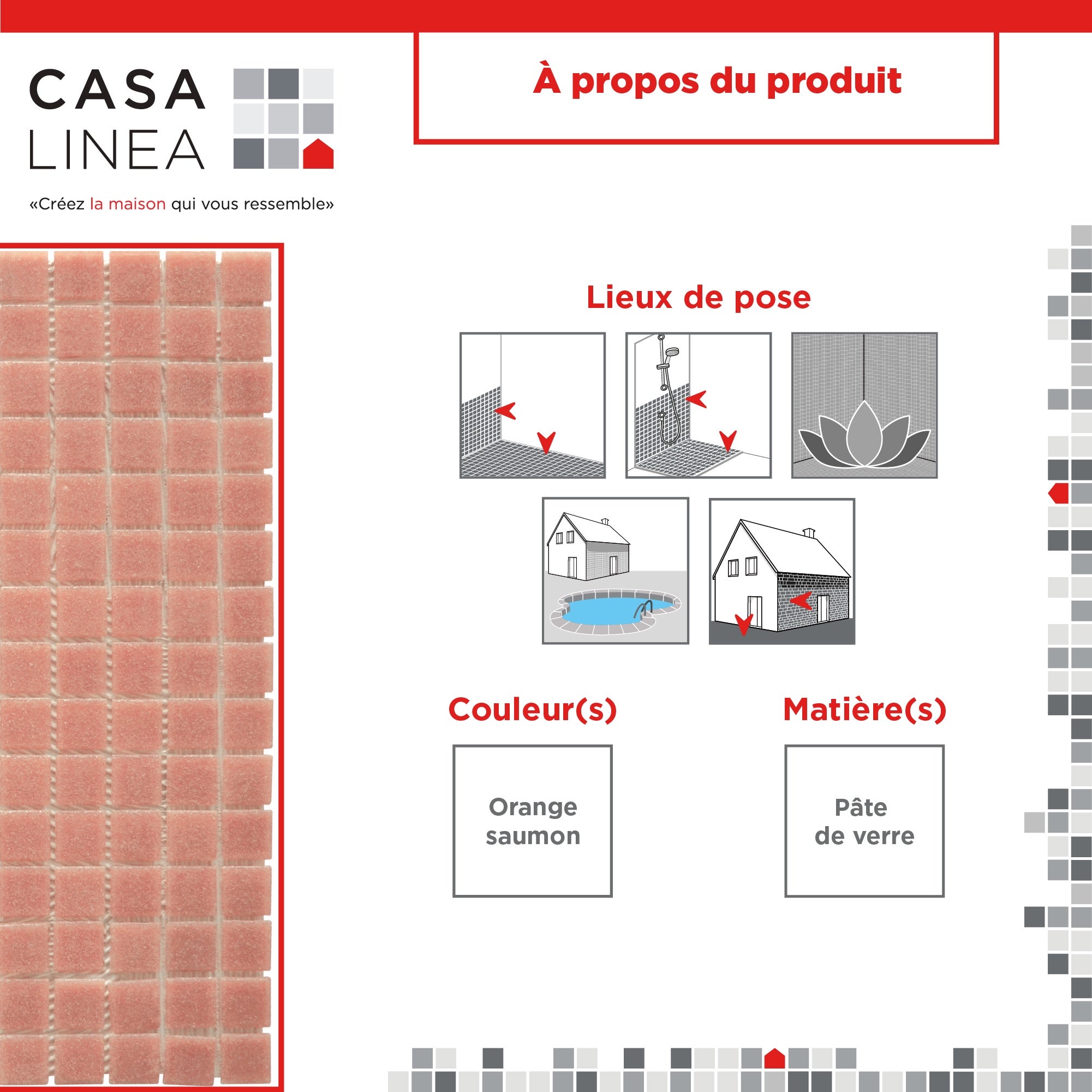 MOSAIQUE DECORATION SAUMON TRAME PAPIER 1 PLAQUE 32,7 x 32,7 CM CASA LINEA - 3