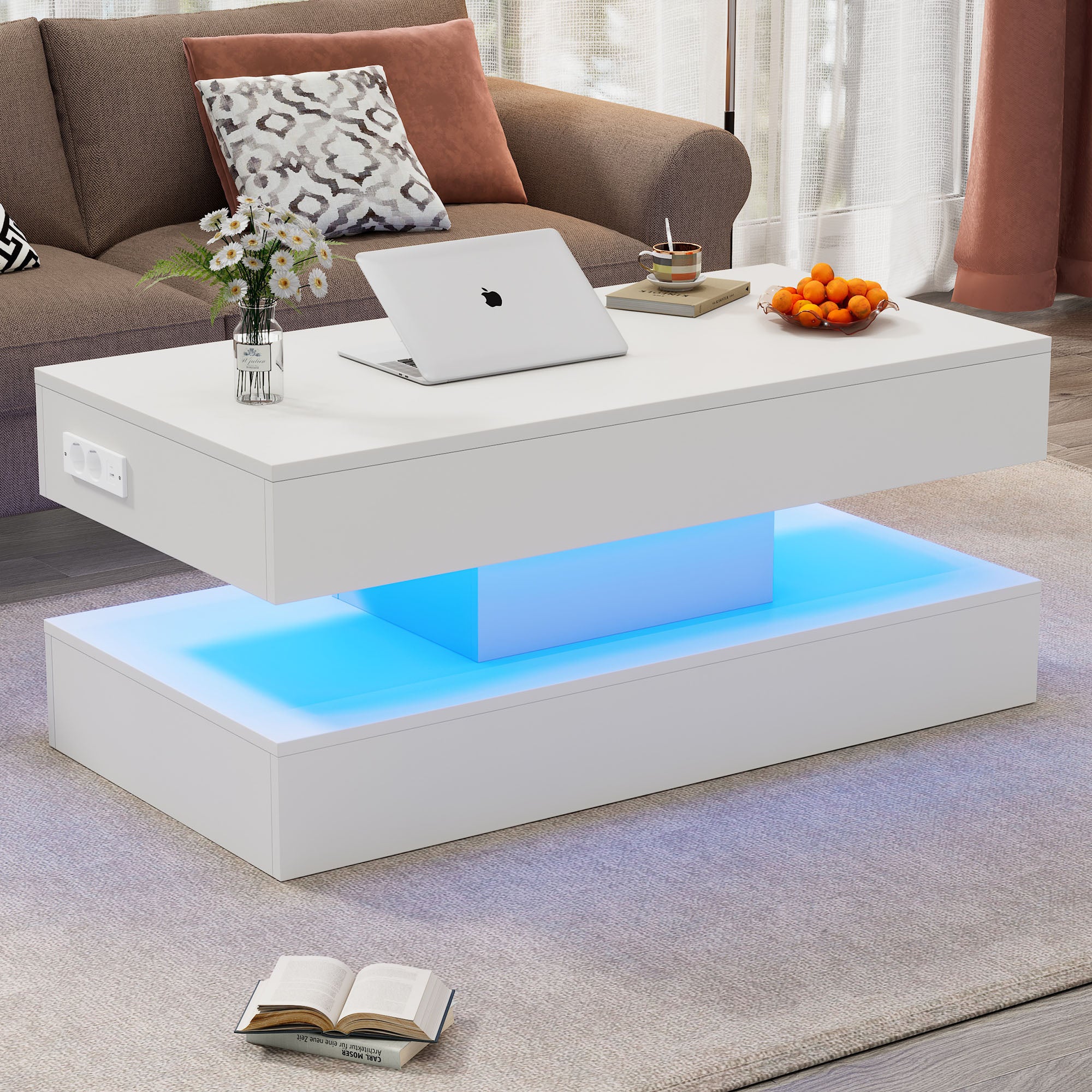 Podnoszony stolik kawowy z portami USB i ładowania - 100 x 50 x 42 cm - diody LED - płyta wiórowa - biały - 5