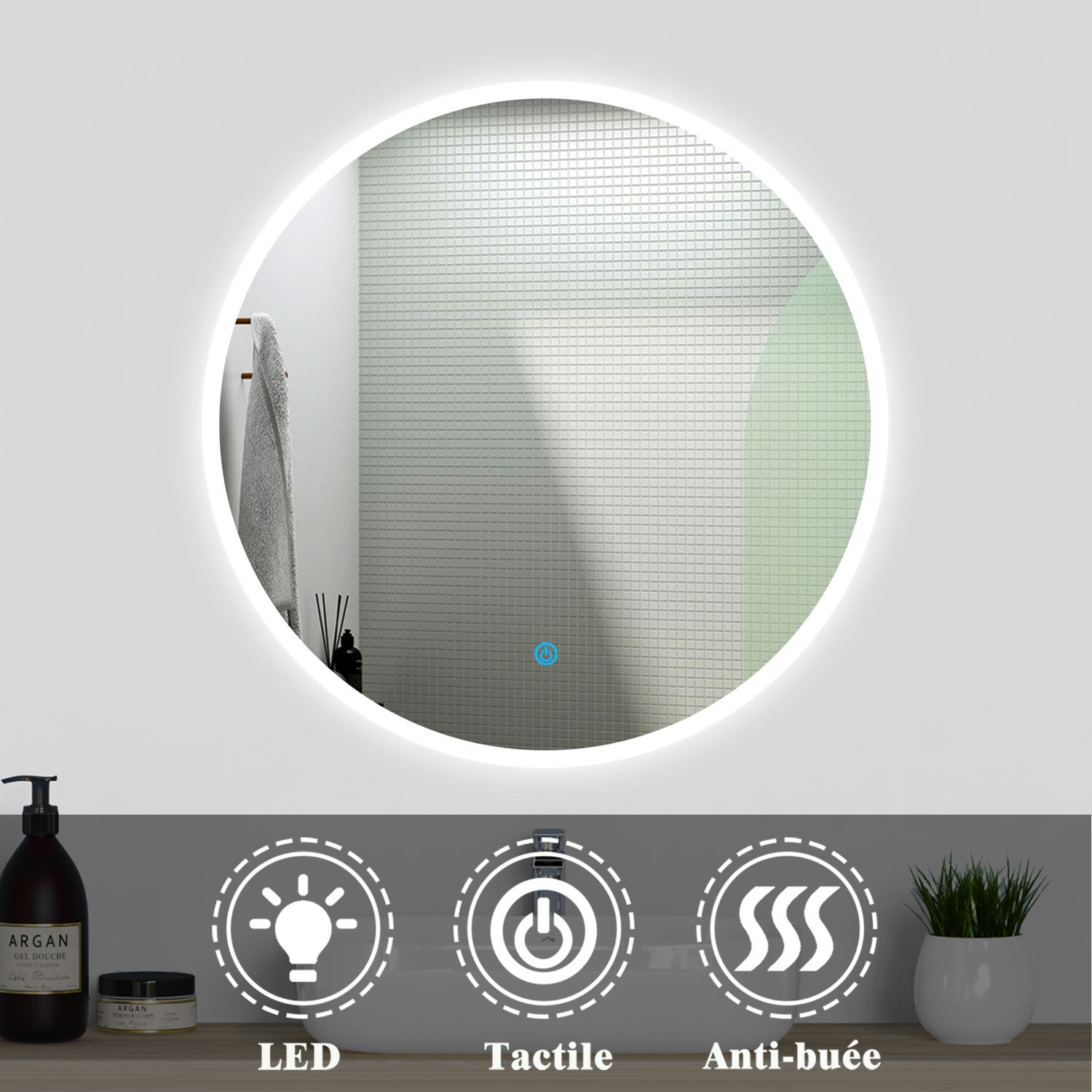 Ocean Miroir lumineux rond, l.60 x H.60 cm, Miroir LED avec antibuée - 2