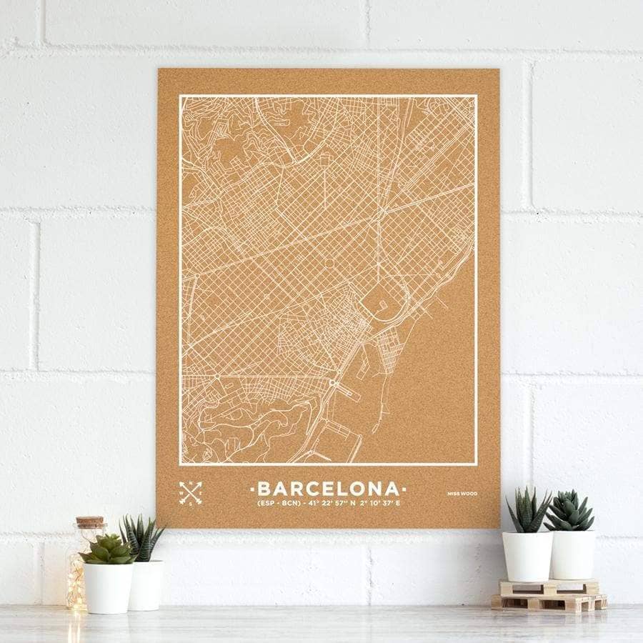 Mapa de corcho - woody map natural barcelona / 90 x 60 cm / blanco / sin marco