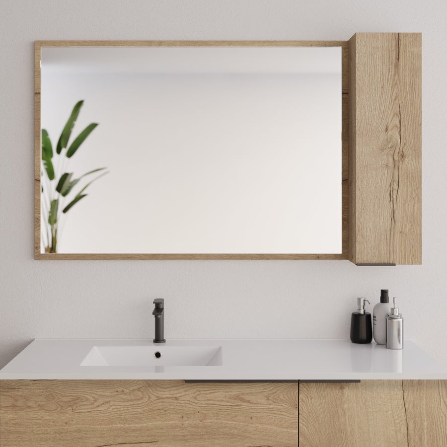 Meuble de salle de bain 120cm vasque déportée - 2 tiroirs - miroir avec armoirette - KING - Roble (chêne clair) - 3