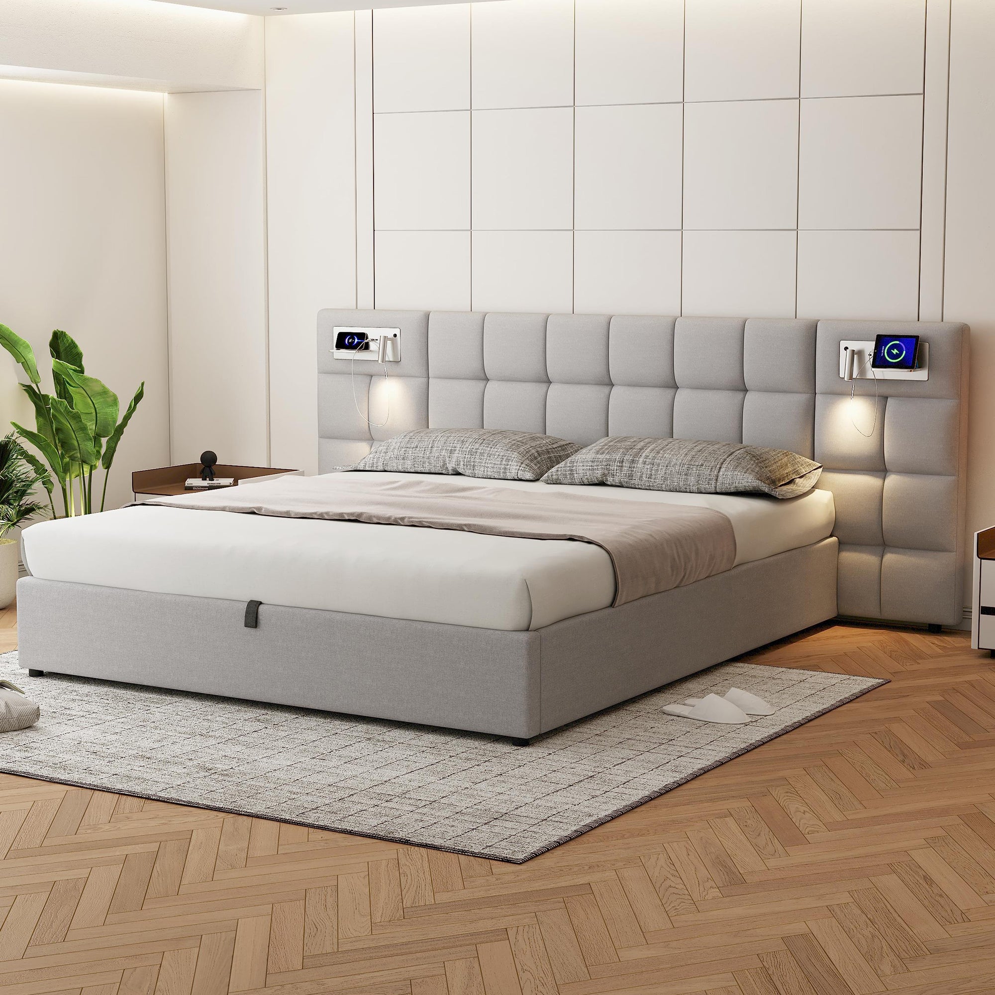Letto Contenitore 140x200 Cm - Testiera Con Funzione Di Ricarica USB, 4 Cassetti, Struttura In Legno Grigio 97430757