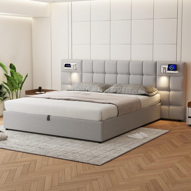 Letto Contenitore 140x200 Cm - Testiera Con Funzione Di Ricarica USB, 4 Cassetti, Struttura In Legno Grigio 97430757 Letto Contenitore 140x200 Cm - Testiera Con Funzione Di Ricarica USB, 4 Cassetti, Struttura In Legno Grigio 97430757